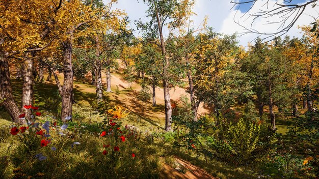 Forest environment in autumn 3d rendering