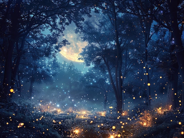 Forest Fantasy Wonder Fireflies at Night Fireflies dancing among the trees in a magical forest illuminated by moonlight ar 43 style raw stylize 250 Job ID 16578eb253bd4f3dbf8fdd65024ee518