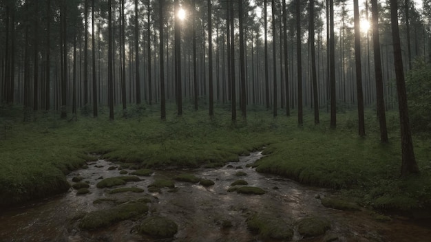 A forest filled with lots of green trees with river