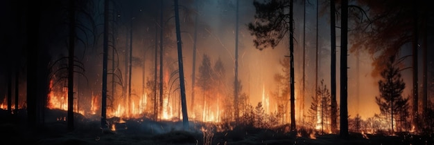 A forest fire burns in the woods with a tree in the foreground.