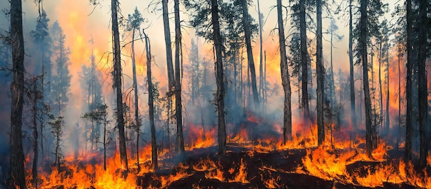 A forest fire, flames, burning ground and trees, 3d render