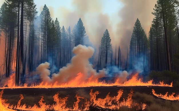 Forest fire Heatwave causes forest burning rapidly and destroyed silhouette natural calamity Forest fire bushfire with flames and smoke clouds generative ai