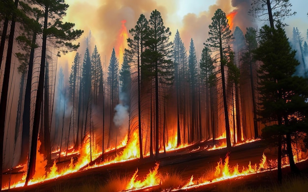 Forest fire Heatwave causes forest burning rapidly and destroyed silhouette natural calamity Forest fire bushfire with flames and smoke clouds generative ai