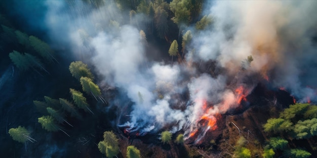 A forest fire is burning in the forest.