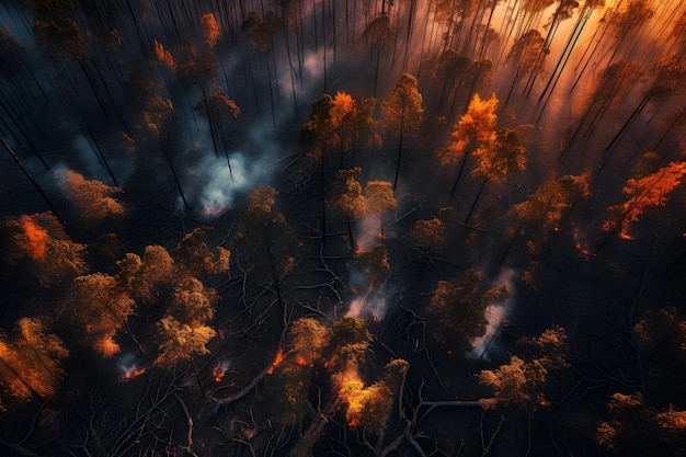 A forest fire in the night with a dark background and a forest with trees burning in the foreground.