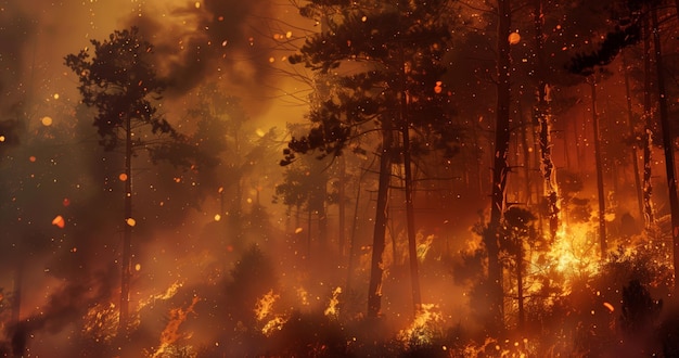 A forest on fire trees burning in the background flames high and smoke thick a dark orange sky above