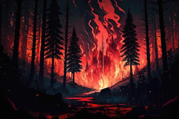 Forest Fire Ultrarealistic Art Night Generative AI