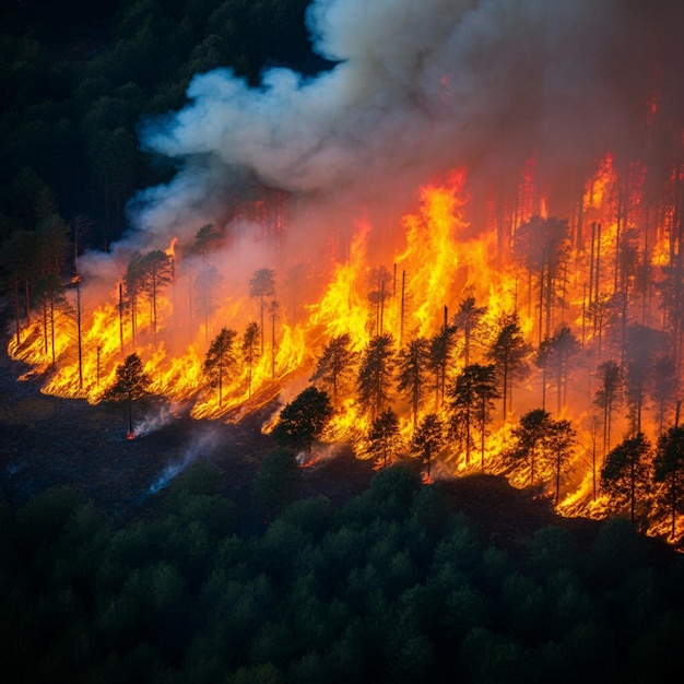 a forest fire with a forest fire in the background