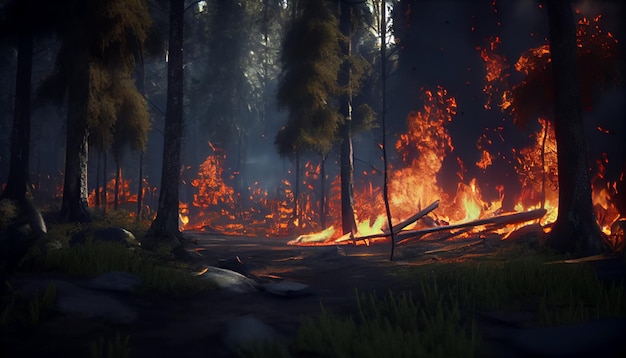 Forest fire with trees in fire Generative AI