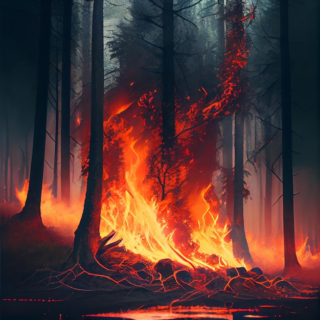 Forest fire with trees in fire Generative AI