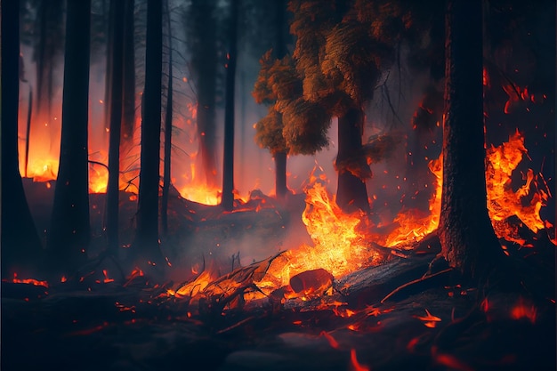 Forest fire with trees in fire Generative AI