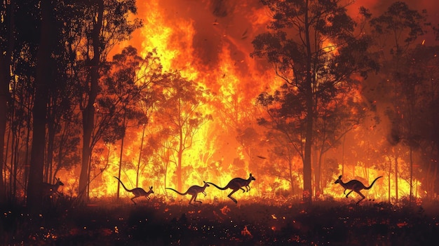 forest fires in australia Many kangaroos and other animals Run away to save them Immigration has destroyed the silhouette