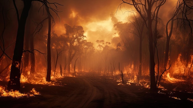 forest in flames with a desolate look