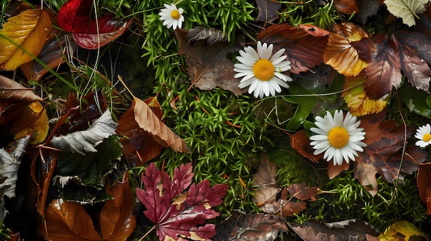 Forest floor close up featuring moss leaves and small plants with vibrant green details