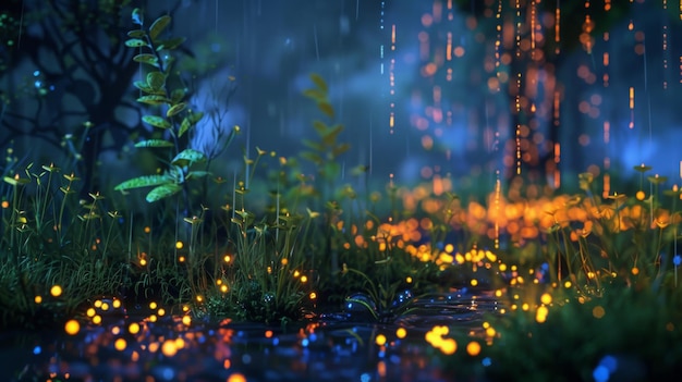 Photo a forest floor illuminated by fireflies and rain during a nighttime storm