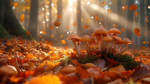 Forest floor mushrooms dappled sunlight autumn leaves mosscovered ground pine trees background soft