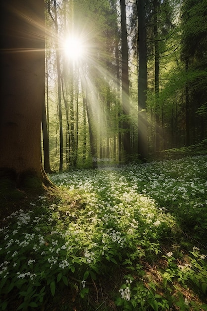 A forest floor with a sunbeam in the background