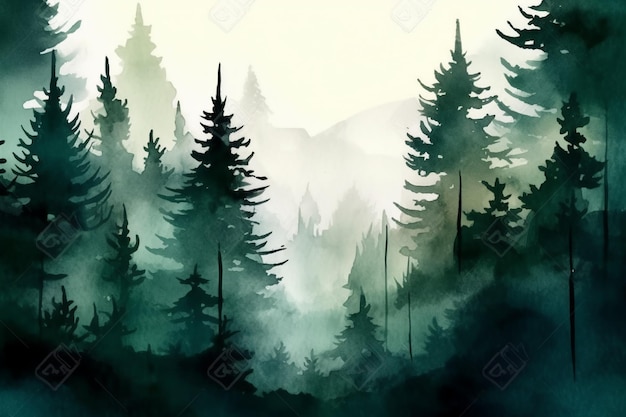 Forest in the fog watercolor painting