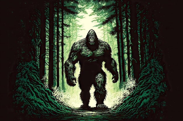 Forest formidable monster bigfoot among dense forest thicket