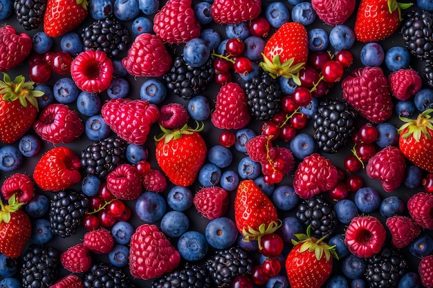 Forest fruit berries overhead assorted mix in studio on dark background with raspberries blackberri