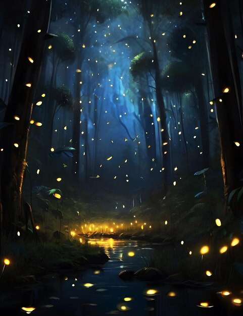 Forest full of bright fireflies at night generative ai