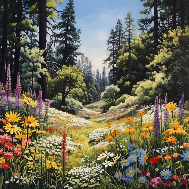 A forest full of colorful wildflowers blooming in a meadow