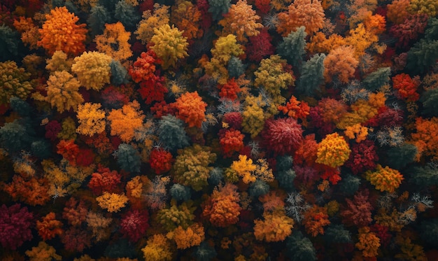 Photo a forest full of trees with leaves of different colors the colors are red yellow and green