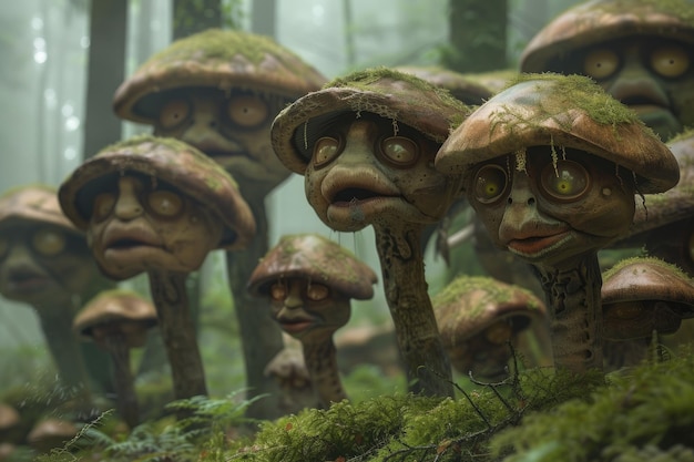 A forest of giant mushrooms with faces on the stems