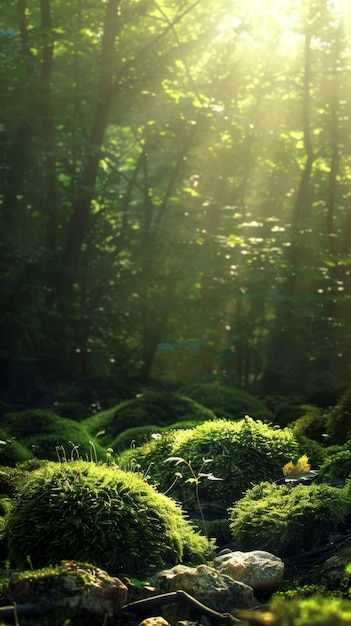 Forest glade with sunlight filtering through the canopy onto mosscovered rocks with copyspace