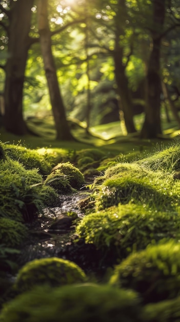 Forest glen with a babbling brook winding through sundappled trees background with copyspace