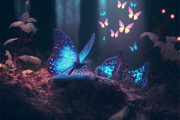 Forest, glowing colorful butterflies, light fog