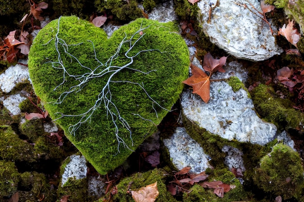 Forest ground with heart shaped moss top view