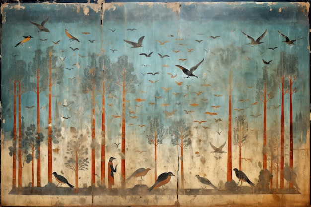 Forest hieroglyphic carvings painting bird wall