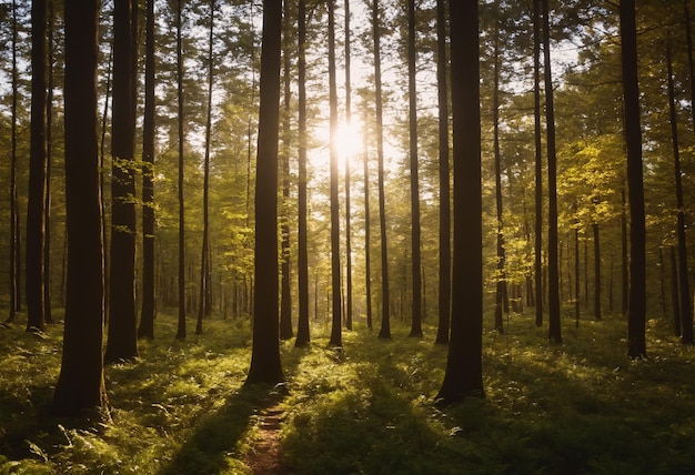 Forest illuminated by the rising sunny background