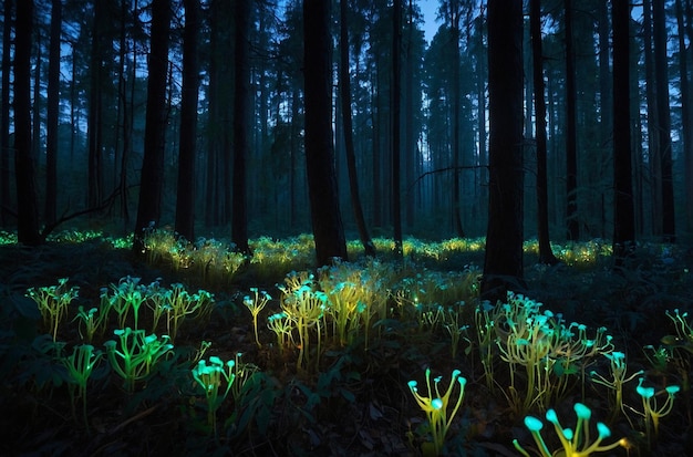 Photo forest illuminated by soft bioluminescent flowers