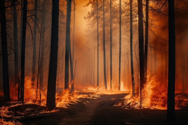 The forest is ablaze as trees burn and smoke billows into the sky The fire rages on threatening to consume the entire woodland Generative AI