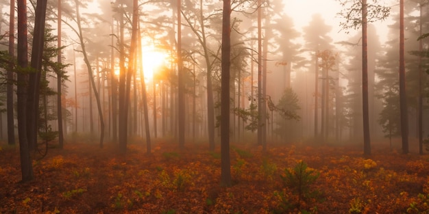 The forest is bathed in an ethereal glow as the sun rises through the autumn mist