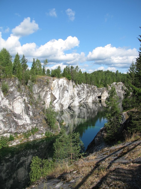 Forest lake in the canyon Blue sky with white clouds