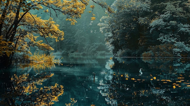 A forest lake with a boat in the water