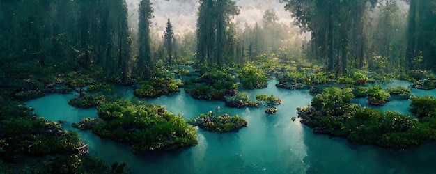 Forest lake with emerald water surrounded by fabulous trees