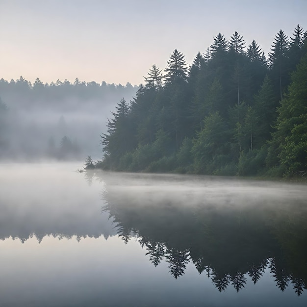 a forest lake with a foggy sky and trees in the background