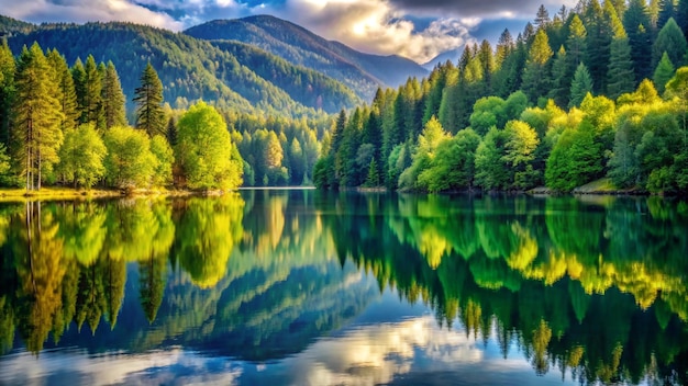 a forest lake with a mountain in the background and a cloudy sky