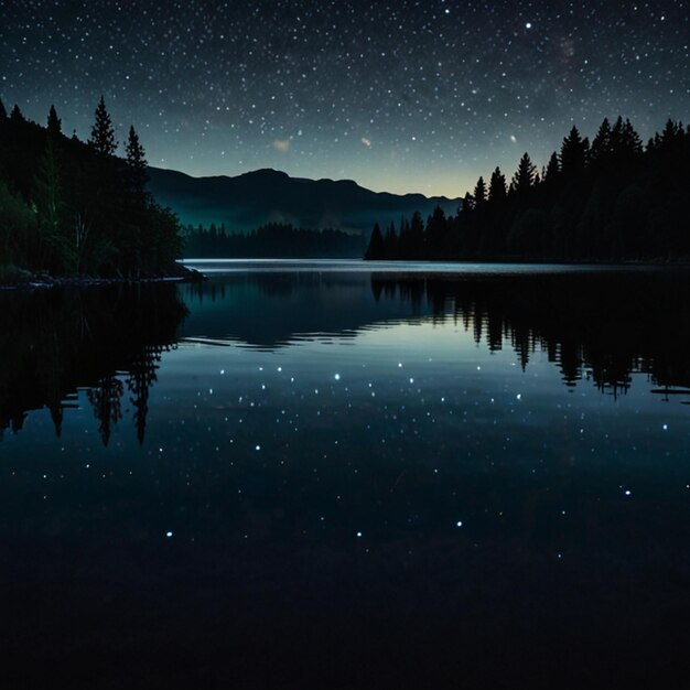 Photo a forest lake with a mountain and a starry sky above it