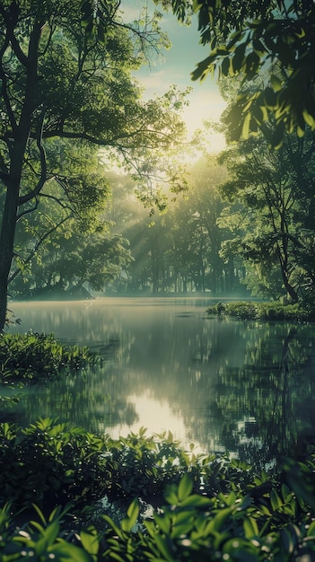 a forest lake with a sunset on the water