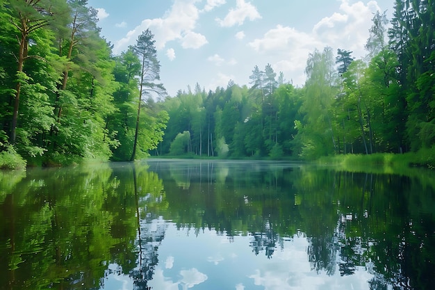 a forest lake with trees and a forest in the background