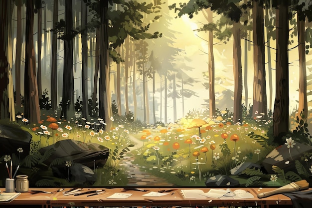 Forest Landscape Painting with Wooden Table