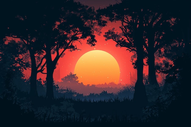 Forest landscape trees silhouettes with sunset on background