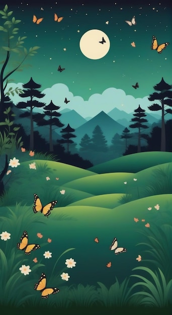 Photo a forest landscape with butterflies and mountains