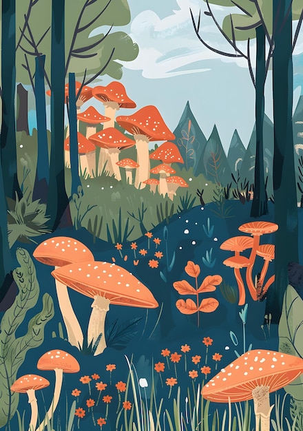 Photo forest landscape with colorful mushrooms