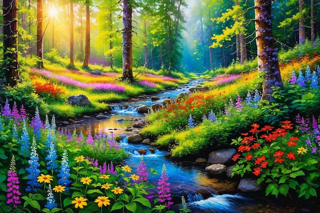 Forest landscape with flowers and stream